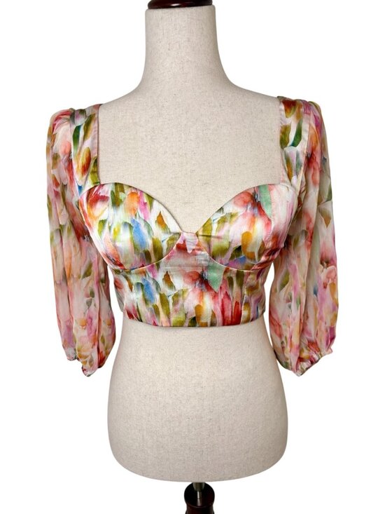 Guess by Marciano Tops - Marciano Guess Pink White Watercolor Satin Bustier Crop Top Sheer Sleeve Size 2